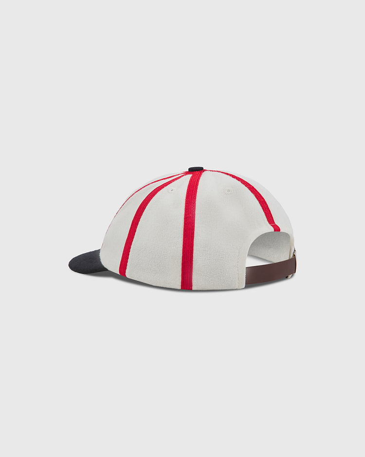 Chicago American Giants 1920 8-Panel Short Brim Wool Ballcap in off-white wool with red piping, a dark brim, and a brown leather back strap.