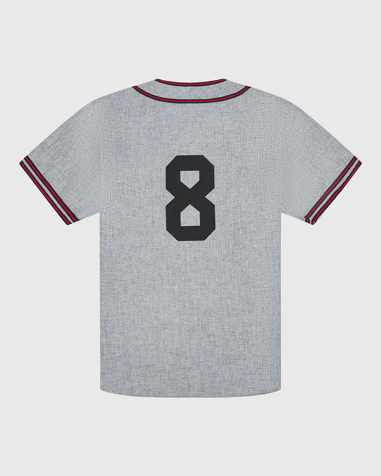 The Ebbets Field Tokio Senators 1936 Authentic Wool Road Jersey is a gray short-sleeve jersey featuring red and black striped trim and the number 8 in black on the back, capturing the vintage spirit of the original team uniform.