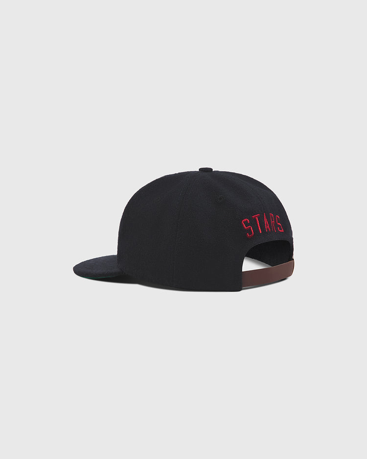 Nashville Stars Authentic Wool Ballcap in black wool with the word STARS embroidered in red on the back and a brown leather strap closure.