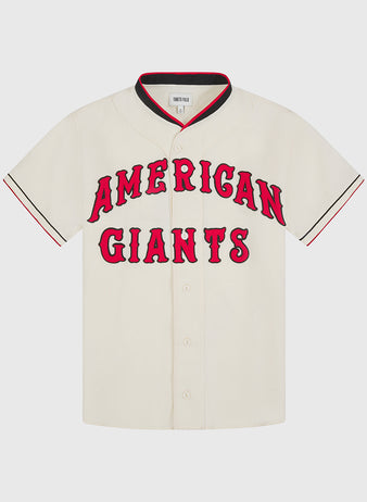 Off-white short-sleeved Chicago American Giants 1935 Authentic Wool Home Jersey with red lettering across the chest and black and red trim on the collar and cuffs.