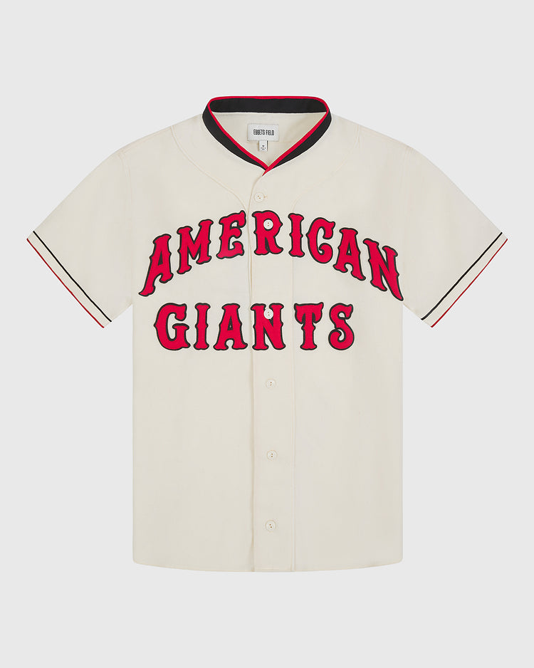 Off-white short-sleeved Chicago American Giants 1935 Authentic Wool Home Jersey with red lettering across the chest and black and red trim on the collar and cuffs.