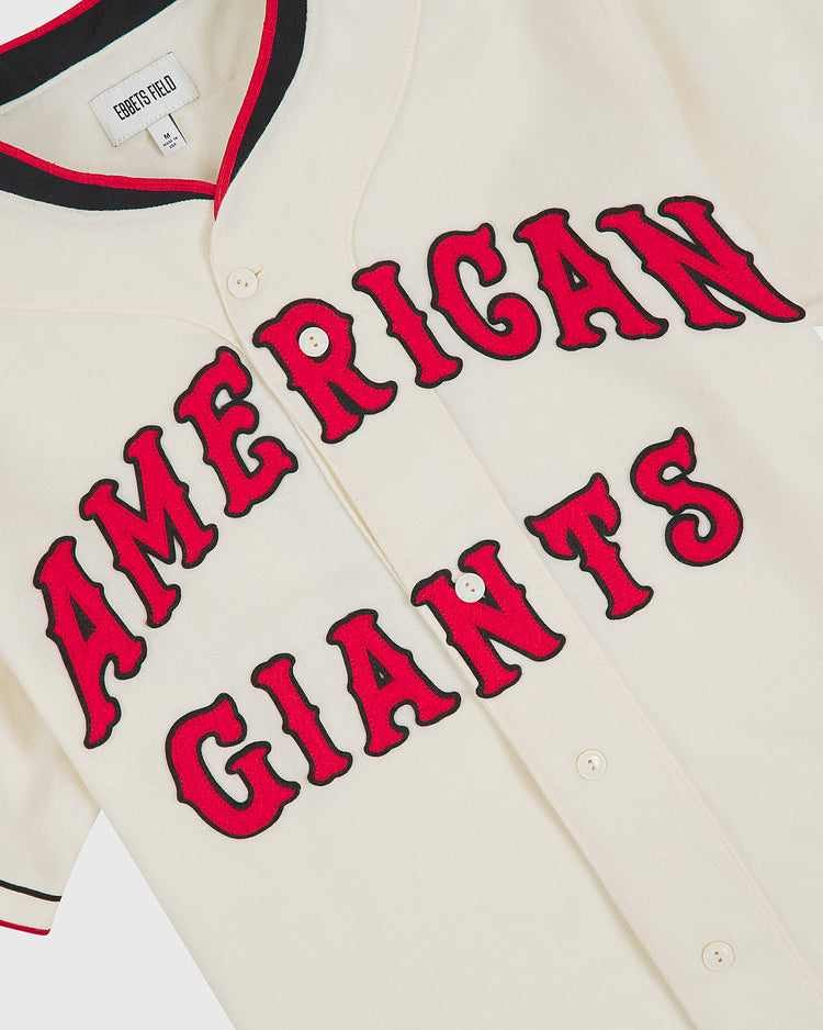 Ebbets Field Chicago American Giants 1935 Authentic Wool Home Jersey in off-white, featuring red lettering outlined in black across the chest and black and red trim on the collar and sleeves.