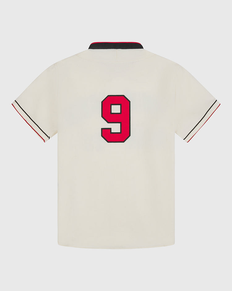Back view of a cream-colored Chicago American Giants 1935 Authentic Wool Home Jersey with a red number 9, featuring a black collar and red and black trim on the sleeves.