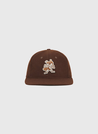 The Ebbets Field Salt Lake City Bees 1959 Wool Ballcap is shown against a plain white background, featuring a brown color and a cartoon bee mascot patch on the front, inspired by the 1959 Salt Lake City Bees of the Pacific Coast League.