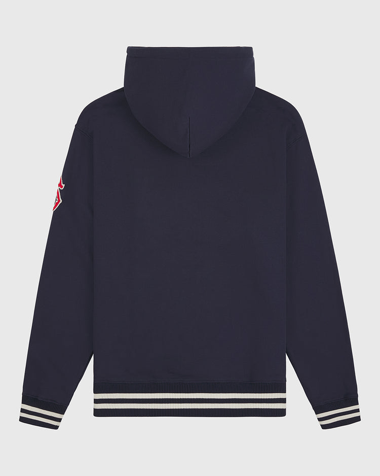 The Ebbets Field Seattle Rainiers 1941 Heavyweight Cotton Terry Pullover Hoodie is displayed from the back in navy blue, highlighting white and navy striped cuffs and waistband. A distinctive red and white patch adorns the left arm, channeling a classic vintage baseball hoodie aesthetic. The background is a plain, light color.