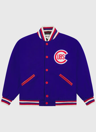 The EFF Chicago Cubs 1954 Authentic All Wool Varsity Jacket features a classic blue design with red and white accents, a striped collar and cuffs, snap button closures, and the iconic Cubs logo on the left chest—an authentic 1950s replica that captures vintage charm for every devoted fan.