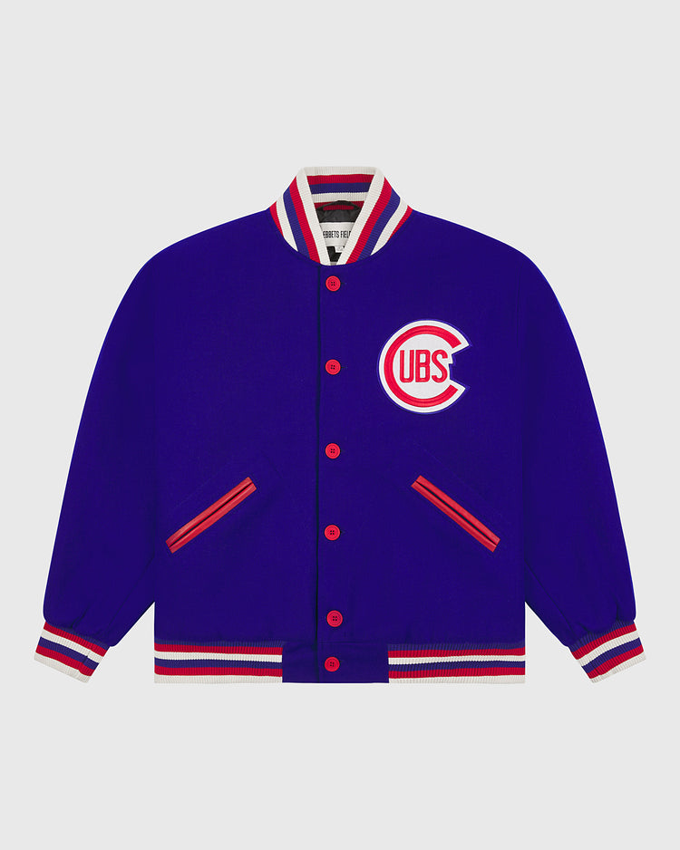 The EFF Chicago Cubs 1954 Authentic All Wool Varsity Jacket features a classic blue design with red and white accents, a striped collar and cuffs, snap button closures, and the iconic Cubs logo on the left chest—an authentic 1950s replica that captures vintage charm for every devoted fan.