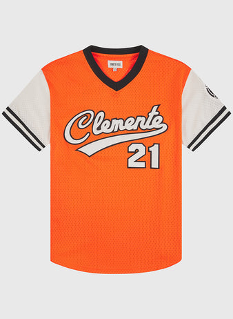 The Clemente Museum x Ebbets Field V-Neck Mesh Jersey by Ebbets Field showcases an orange body with white mesh sleeves, black and white trim, “Clemente” in script across the chest, and a durable tackle twill appliqué number 21 beneath.