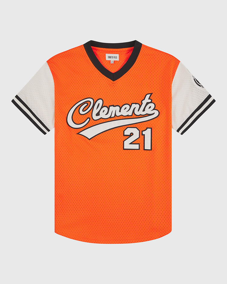 The Clemente Museum x Ebbets Field V-Neck Mesh Jersey by Ebbets Field showcases an orange body with white mesh sleeves, black and white trim, “Clemente” in script across the chest, and a durable tackle twill appliqué number 21 beneath.