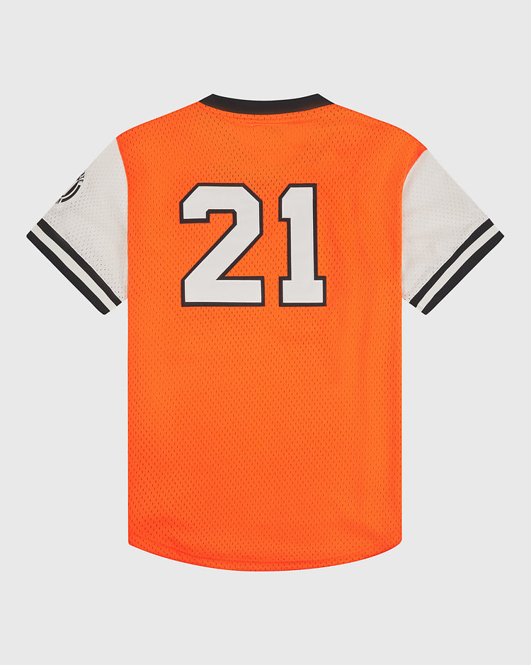 Introducing the Ebbets Field Clemente Museum x Ebbets Field V-Neck Mesh Jersey—a vibrant orange sports jersey featuring white sleeves, black trim, and bold number 21 in white with a striking black outline on the back, expertly crafted with durable tackle twill appliqué for a premium finish.
