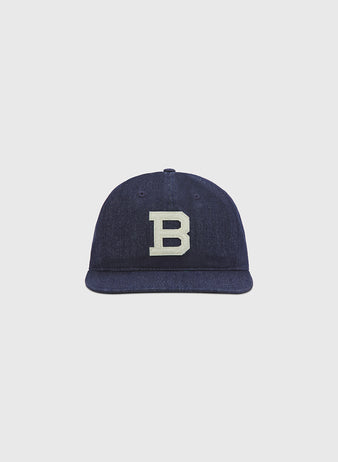 An Ebbets Field Brooklyn Bushwicks Indigo Cotton Denim Ballcap, featuring a flat brim and a large white embroidered 