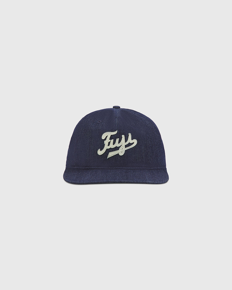 An Ebbets Field Fuji Athletic Club Indigo Cotton Denim Ballcap is shown against a plain light gray background, featuring 