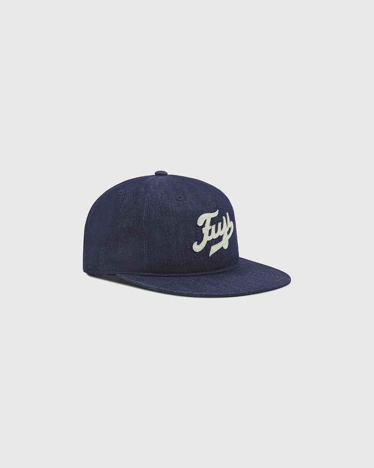 An indigo cotton denim ballcap by Ebbets Field, inspired by Japanese baseball style, featuring 