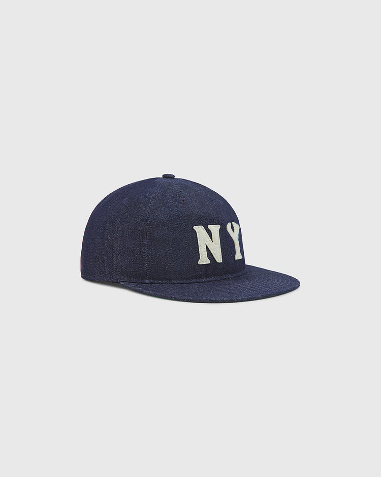 The Ebbets Field New York Black Yankees Indigo Cotton Denim Ballcap, featuring prominent white 