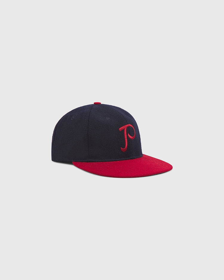 The Ebbets Field Philadelphia Stars 1940 Authentic Wool Ballcap features a navy blue crown with a red brim and a red embroidered 