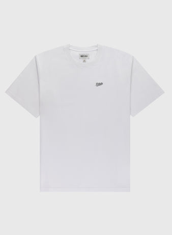 The Ebbets Chest Logo Short Sleeve Tee by Ebbets Field Flannels is a durable cotton white t-shirt featuring a small black embroidered chest logo, shown on a light gray background—a timeless wardrobe staple.