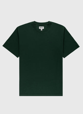 The Ebbets Chest Logo Short Sleeve Tee by Ebbets Field Flannels is a dark green cotton crew neck t-shirt with short sleeves, shown on a light gray background and featuring a small inner neckline tag.