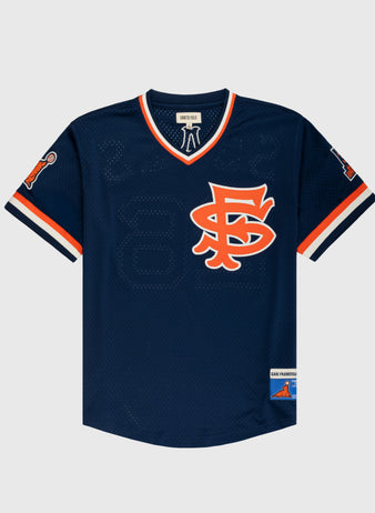The EFF San Francisco Seals Mesh V-Neck Jersey is a navy blue vintage-inspired baseball top featuring orange and white accents, a large SF logo on the chest, sleeve patches, and breathable polyester mesh with short sleeves.