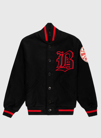 The EFF Birmingham Black Barons 1940 Authentic All Wool Varsity Jacket features a large red B on the chest, “BIRD” sleeve patch, and red/black striped trim, honoring the classic Negro Leagues team.