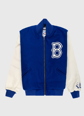 The EFF Brooklyn Dodgers 1940 Authentic Wool & Leather Varsity Jacket has blue wool, white leather sleeves, a large white B patch on the left chest, and 40 on the cuff, shown against a plain light background.