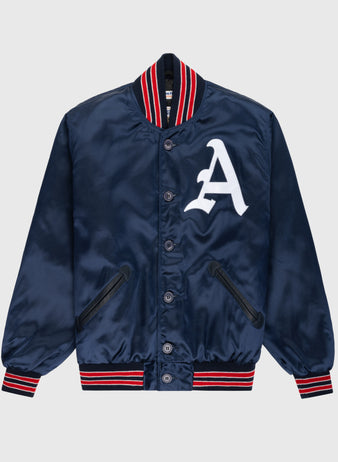 The EFF Kansas City Athletics 1960 Authentic All Satin Varsity Jacket features navy satin, black buttons, red and white striped trim, a large white A patch on the chest, and black-trimmed pockets—faithful to the vintage 1960 KC Athletics style.