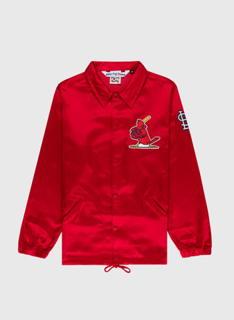 The EFF St. Louis Cardinals 1970 Satin Windbreaker Jacket is a bright red vintage MLB outerwear piece with a collar, elastic cuffs, drawstring hem, Cardinals logo on the chest, and interlocking STL logo on the sleeve.