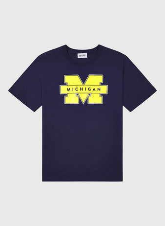 The Ebbets Field MICHIGAN SS TEE NAVY features a bold yellow M and Michigan printed across the chest.