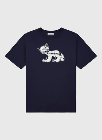 The Ebbets Field PENN STATE SS TEE NAVY is a navy blue shirt with a white mountain lion graphic and PENN STATE text on the front, displayed against a plain light gray background.