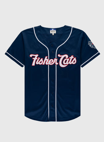 The Ebbets Field VLAD GUERRERO JR BUTTON UP MESH JERSEY in navy features white piping, Fisher Cats script in red and white on the chest, and a cat face patch on the left sleeve.