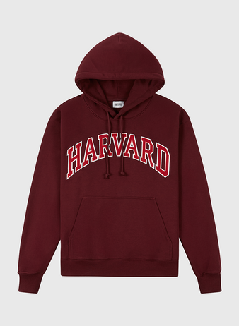 The Ebbets Field Harvard University Heavyweight Cotton Terry Pullover Hoodie is maroon with HARVARD in bold white letters outlined in red, vintage style, and features a front pocket plus drawstrings for comfort.