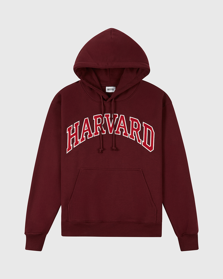 The Ebbets Field Harvard University Heavyweight Cotton Terry Pullover Hoodie is maroon with HARVARD in bold white letters outlined in red, vintage style, and features a front pocket plus drawstrings for comfort.