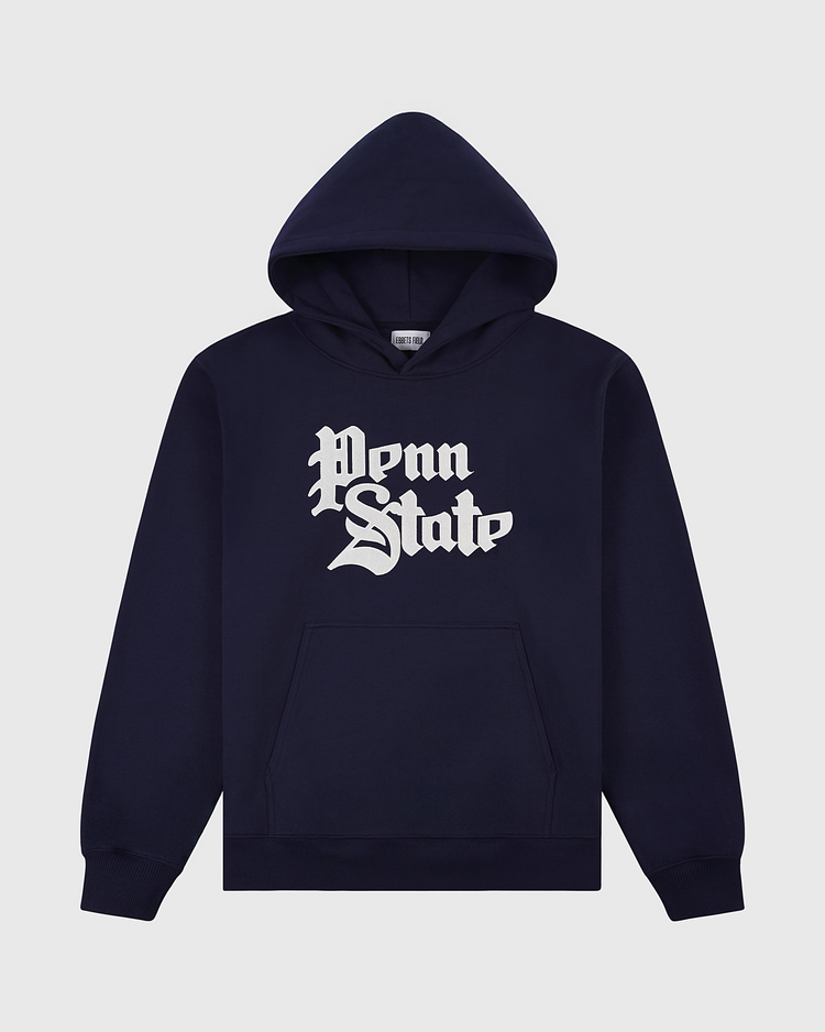 The Ebbets Field Penn State University Heavyweight Cotton Terry Pullover Hoodie features a navy design, front pocket, hood, and bold white Old English Penn State across the chest—a must-have for true fans.