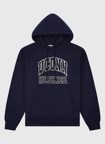 The Ebbets Field University of Connecticut Heavyweight Cotton Terry Pullover Hoodie features a vintage navy design, front pocket, hood, and bold UCONN HUSKIES in white and gray on the chest. Made of heavyweight French terry for comfort.