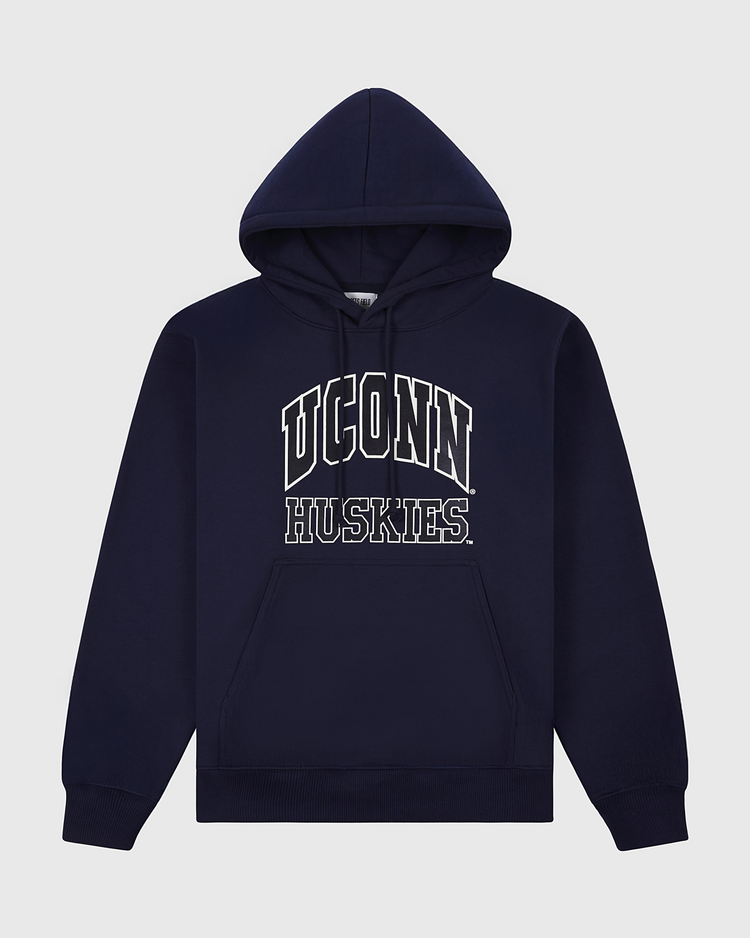 The Ebbets Field University of Connecticut Heavyweight Cotton Terry Pullover Hoodie features a vintage navy design, front pocket, hood, and bold UCONN HUSKIES in white and gray on the chest. Made of heavyweight French terry for comfort.