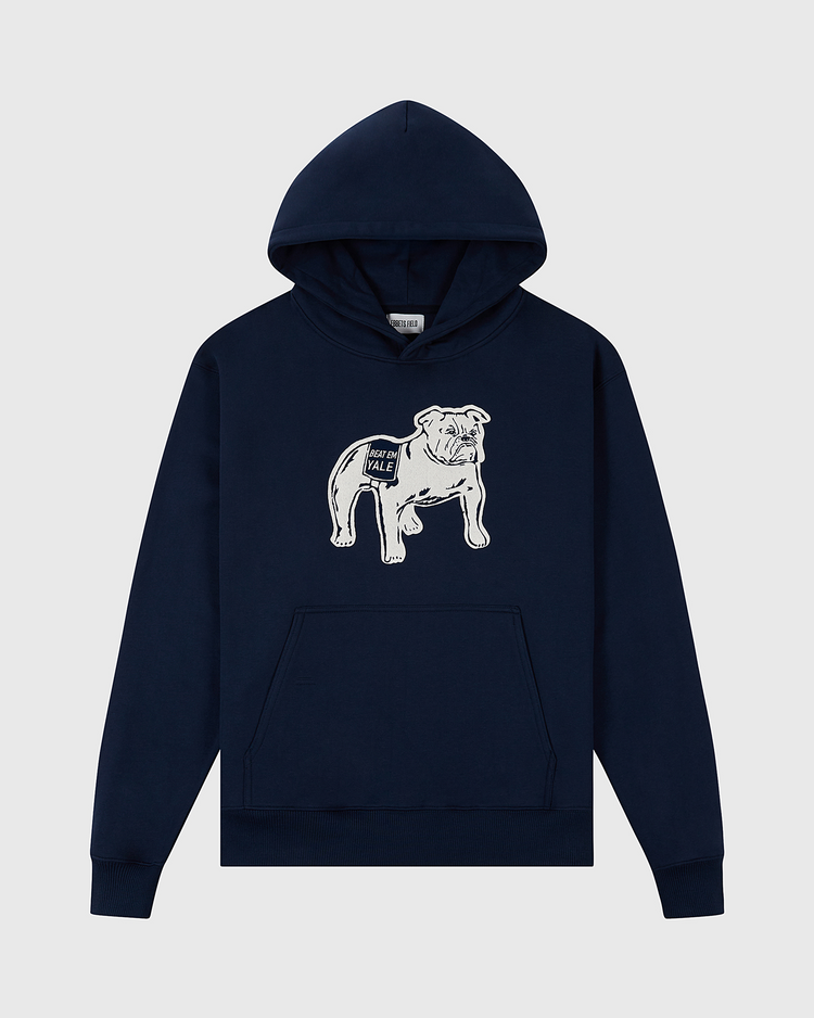 The Ebbets Field Yale University Heavyweight Cotton Terry Pullover Hoodie is a navy vintage-style piece with a bulldog illustration and YALE label, made from heavyweight French terry and shown on a plain white background.