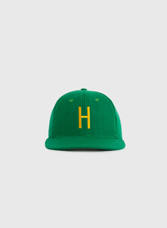 The EFF Hawaii Islanders 1961 Authentic Wool Ballcap features green wool and a yellow embroidered H, displayed on a plain light gray background.