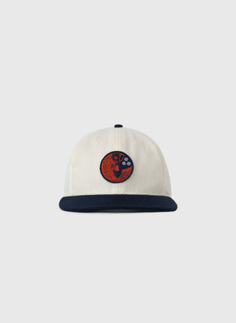 The EFF Hiroshima Carp Off White Wool Ballcap features a dark navy brim and a front patch with a red and navy fish design. The background is plain, light gray.