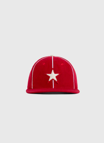The EFF Hollywood Stars 1940 Authentic Wool Ballcap features red wool, vertical white piping, and a white star emblem, faithfully reproducing the Pacific Coast League classic against a plain light gray background.