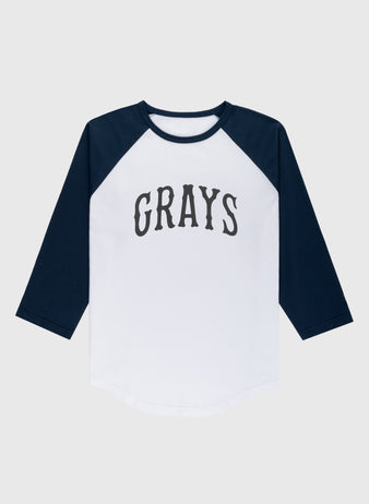 The Homestead Grays Vintage Baseball Tee by Ebbets Field Flannels features dark blue three-quarter sleeves, a white body, and bold black “GRAYS” lettering—a classic style honoring Negro Leagues history.