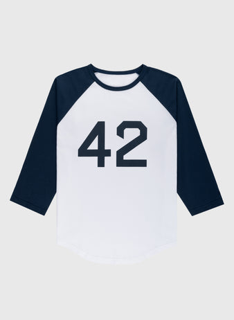 The Ebbets Field Jackie Robinson 42 Vintage Baseball Tee features a white body, black three-quarter raglan sleeves, and bold black 42 on the front for a classic baseball look.