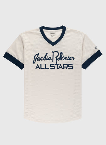 The Ebbets Field Jackie Robinson Mesh V-Neck Jersey is a white short-sleeve sports top with navy trim. Jackie Robinson ALL STARS appears on the front in navy script and block letters.