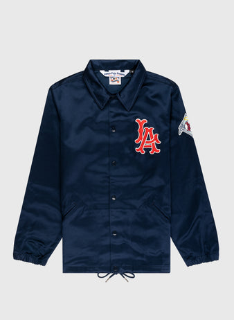 The EFF Los Angeles Angels 1946 Satin Windbreaker Jacket features navy blue satin, front buttons, a red and white YA chest logo, colorful sleeve patch, collar, elastic cuffs, and a drawstring hem—vintage Pacific Coast League style.