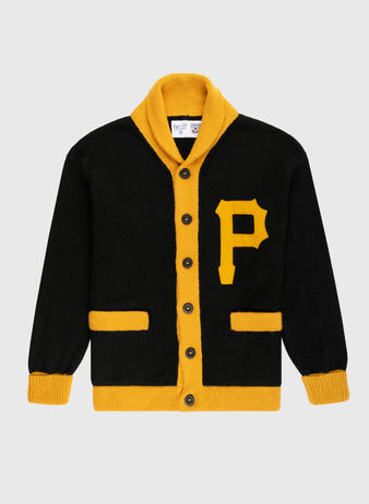The Ebbets Field Flannels Pittsburgh Pirates 1970 Wool Shawl Collar Sweater is a black cardigan with yellow trim, buttons, pockets, and a large yellow P on the left chest. Inspired by vintage baseball sweaters, it features a shawl collar and ribbed cuffs.