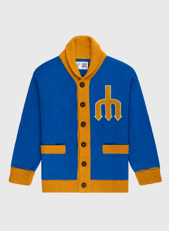 The Ebbets Field Flannels Seattle Mariners 1977-80 Wool Shawl Collar Sweater features royal blue wool, mustard yellow trim and pockets, brown buttons, and a yellow trident logo on the chest for a vintage MLB look.