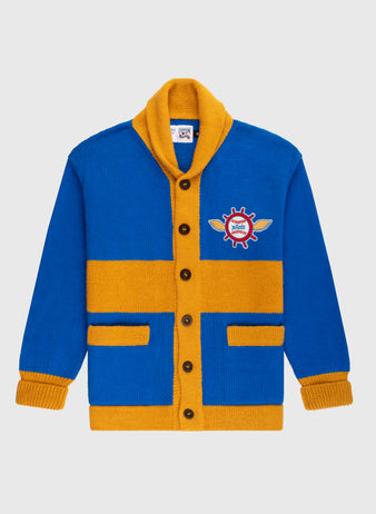 The Seattle Pilots 1969 Wool Shawl Collar Sweater by Ebbets Field Flannels is a blue and yellow knit cardigan inspired by vintage baseball, with brown buttons, two front pockets, and a chest patch featuring a winged red gear with hotel text.