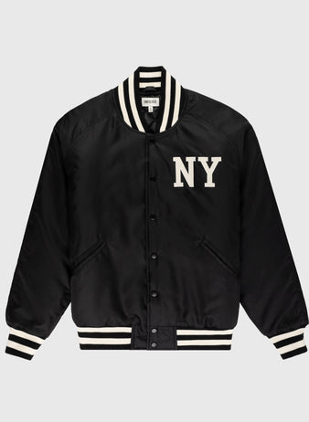 The Ebbets Field New York Black Yankees Satin Varsity Jacket features black satin, white-striped trim, a bold NY patch inspired by the NY Black Yankees, snap buttons, and diagonal pockets—a timeless tribute to Negro Leagues Baseball Museum style.