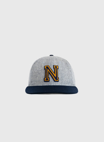 The EFF Navy 1947 Authentic Wool Ballcap features a gray wool crown, navy blue brim, and a large yellow and black embroidered N on the front, shown against a plain white background.