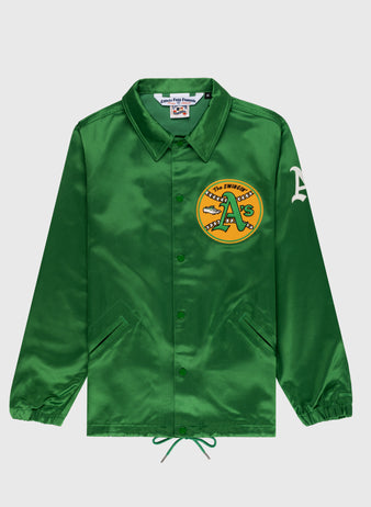 The EFF Oakland Athletics 1971 Authentic Satin Windbreaker Jacket is a green button-up with long sleeves, collar, elastic cuffs, front pockets, an Oakland As chest logo patch, and a white A on the left sleeve.