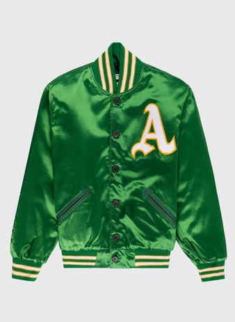 The EFF Oakland Athletics 1968 Authentic All Satin Varsity Jacket features shiny green satin, yellow and white striped trim, and a large yellow and white A patch—an authentic reproduction of the iconic original.