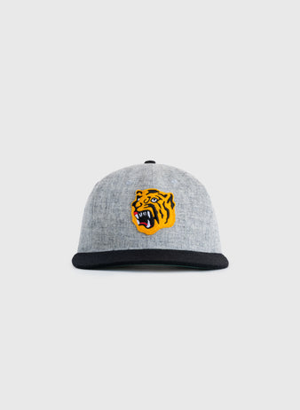 The EFF Osaka Tigers 1940 Authentic Wool Ballcap is gray with a black brim and has a yellow and black roaring tiger patch on the front, shown against a white background.